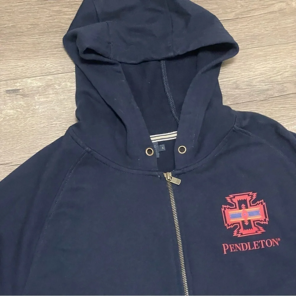 Pendleton Fleece Sweatshirt Hoodie Full Zip Chief Joseph Logo Navy Blue Size L